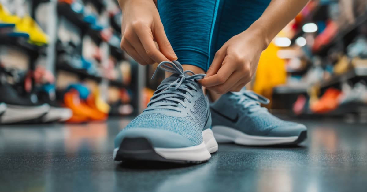 person trying on athletic shoes in a department store